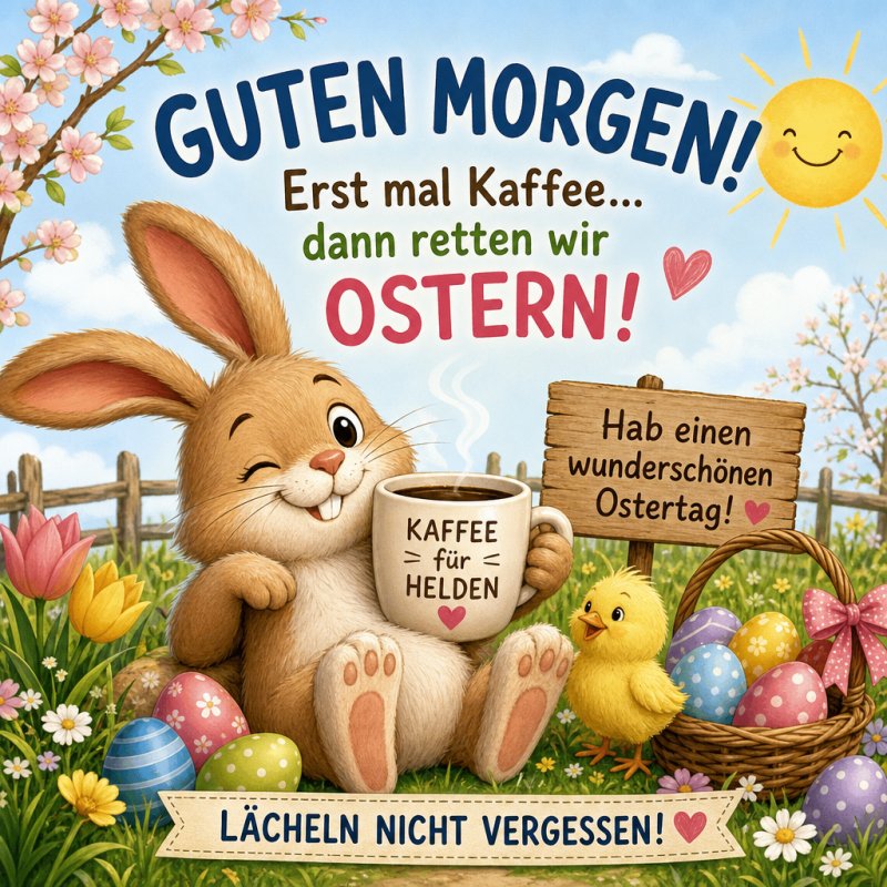 Ein lachender Hase hält eine Tasse mit der Aufschrift 'Kaffee für Helden', umgeben von Ostereiern und Blumen, als fröhlicher Guten-Morgen-Gruß.