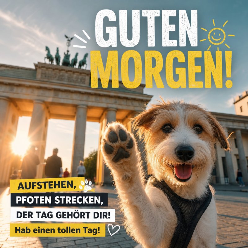 Ein fröhlicher Hund hebt die Pfote vor dem Brandenburger Tor, während ein Guten-Morgen-Gruß in großen Buchstaben leuchtet.