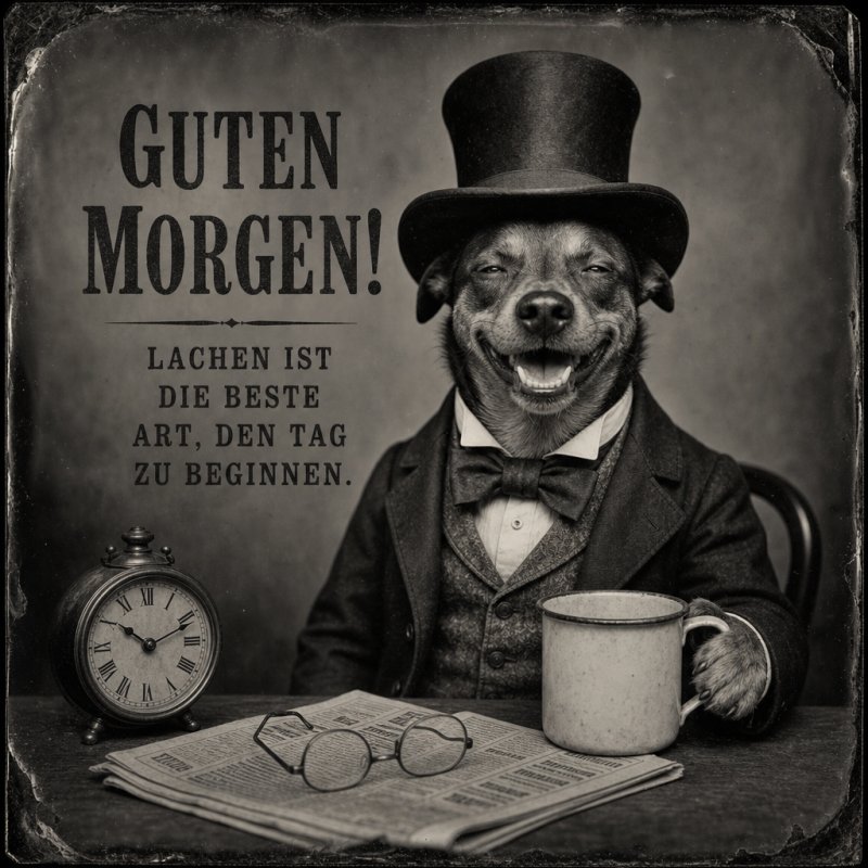 Ein lachender Hund in Anzug und Zylinder sitzt mit einer Tasse neben einer Uhr und Zeitung als humorvoller Guten-Morgen-Gruß in sepiafarbenem Stil.
