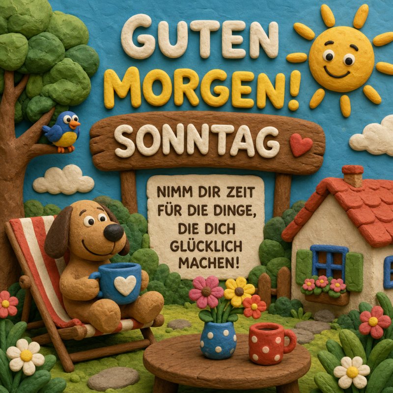 Ein lächelnder Hund sitzt in einem Gartenstuhl mit einer Tasse, umgeben von Blumen und einem Vogel, als fröhlicher Guten-Morgen-Gruß am Sonntag.