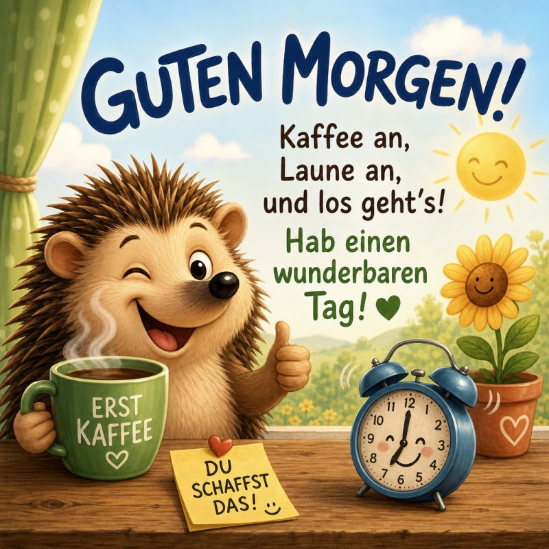 Ein fröhlicher Igel mit einer Tasse Kaffee zeigt Daumen hoch, während ein Sonnenschein und eine Sonnenblume neben einem Papier mit 'Du schaffst das!' zu sehen sind, als Guten-Morgen-Gruß.