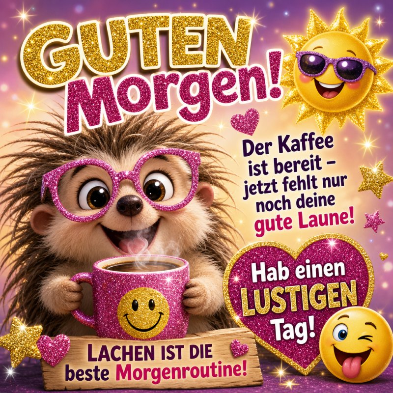 Ein fröhlicher Igel mit glitzernden Brillen und einer Kaffeetasse lächelt in einem farbenfrohen Guten-Morgen-Gruß, begleitet von strahlenden Sternen und Sonne.