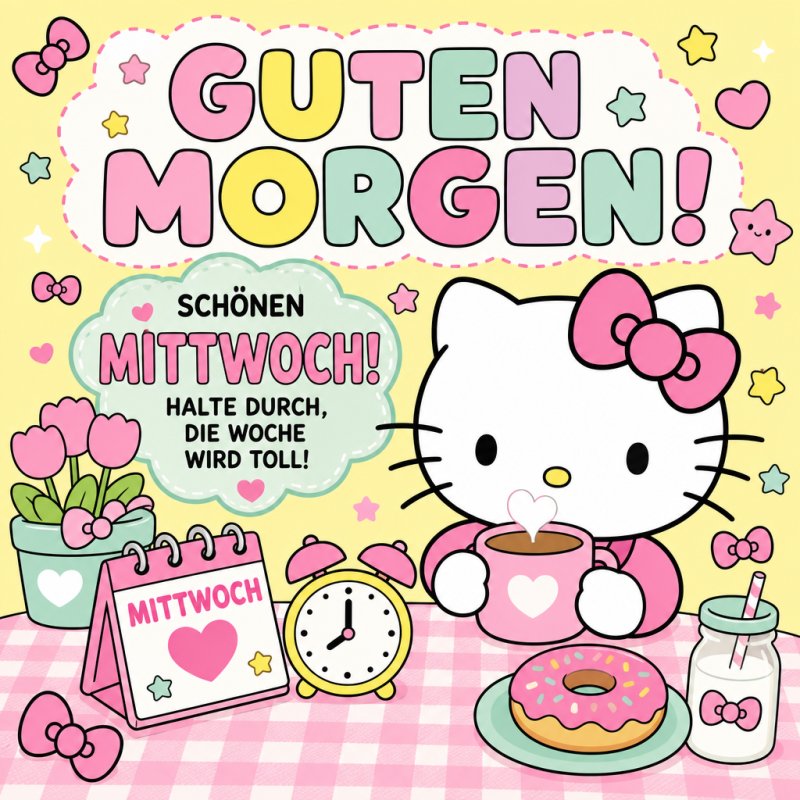 Ein niedliches Kätzchen sitzt an einem Tisch mit einer Kaffeetasse und einem Donut, umgeben von Mittwochsdekorationen und einem Guten-Morgen-Gruß.