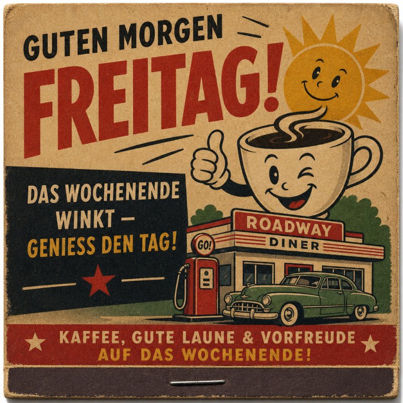 Ein Retro-Guten-Morgen-Gruß mit einer lächelnden Sonne, einer Tasse mit Gesicht und einem Diner im Hintergrund vermittelt gute Laune für den Freitag.