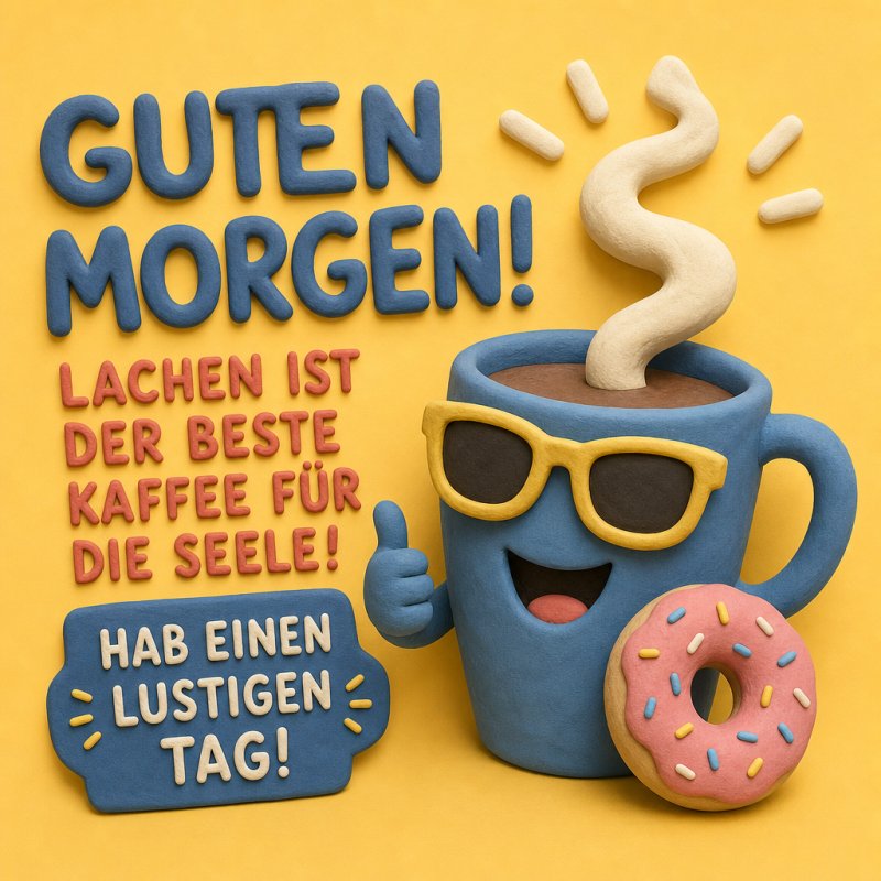 Ein lustiger Guten-Morgen-Gruß zeigt eine fröhliche Tasse Kaffee mit Sonnenbrille und Donut auf gelbem Hintergrund.