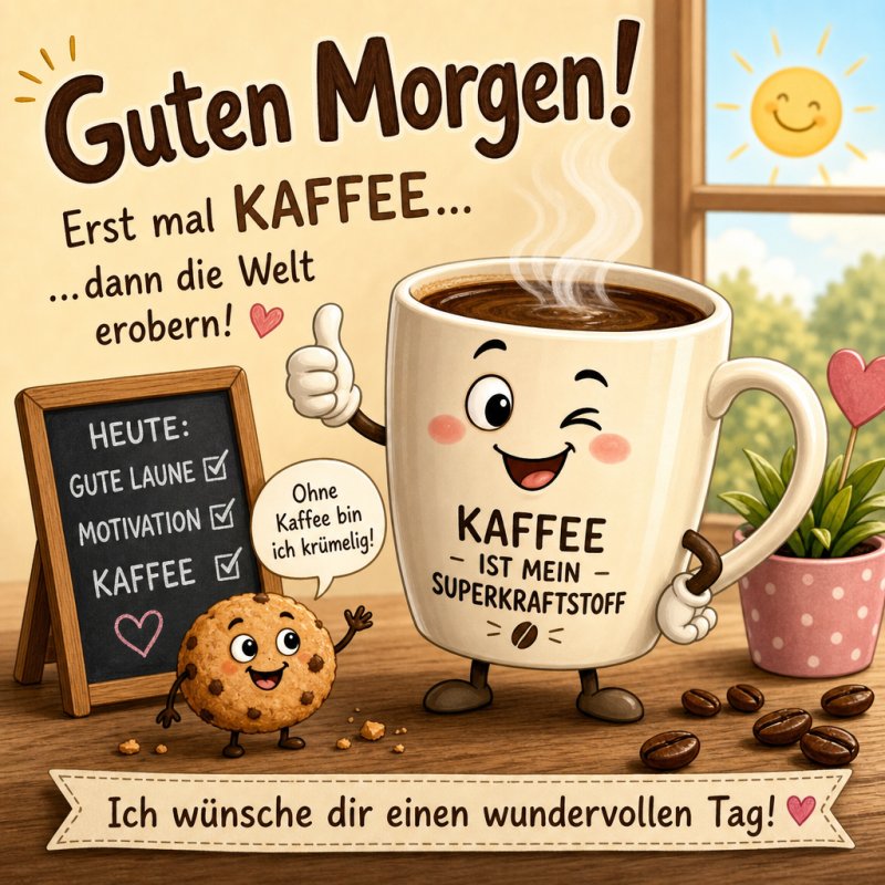Ein fröhlicher Kaffeebecher mit Gesicht und Daumen hoch, begleitet von einem lachenden Keks, lädt in einem sonnigen Raum zum Guten-Morgen-Gruß ein.