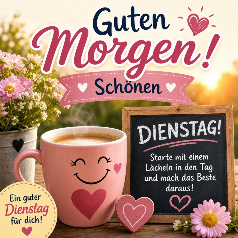 Ein fröhlicher Guten-Morgen-Gruß zeigt eine rosa Kaffeetasse mit einem Lächelgesicht, bunte Blumen und eine Tafel mit Dienstagsgrüßen im Hintergrund.
