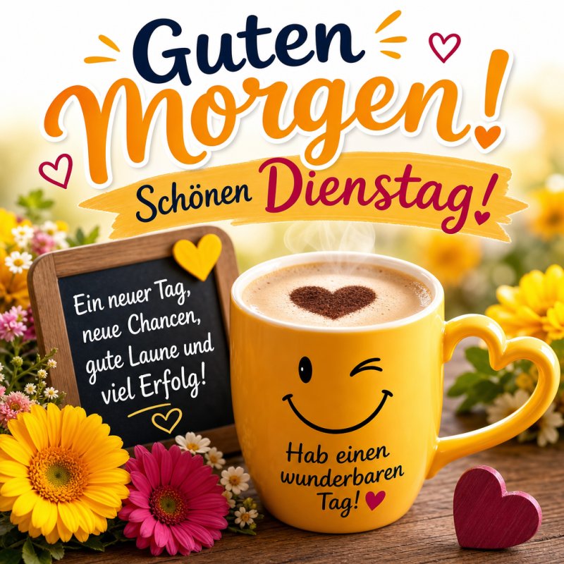 Ein fröhlicher Kaffeebecher mit Herz, umgeben von gelben und rosa Blumen, vermittelt einen positiven Guten-Morgen-Gruß für einen schönen Dienstag.