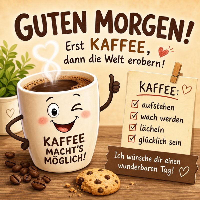 Ein lächelnder Kaffeebecher mit Armen und Gesicht beim Guten-Morgen-Gruß, umgeben von Keksen und einer Checkliste auf Holz.