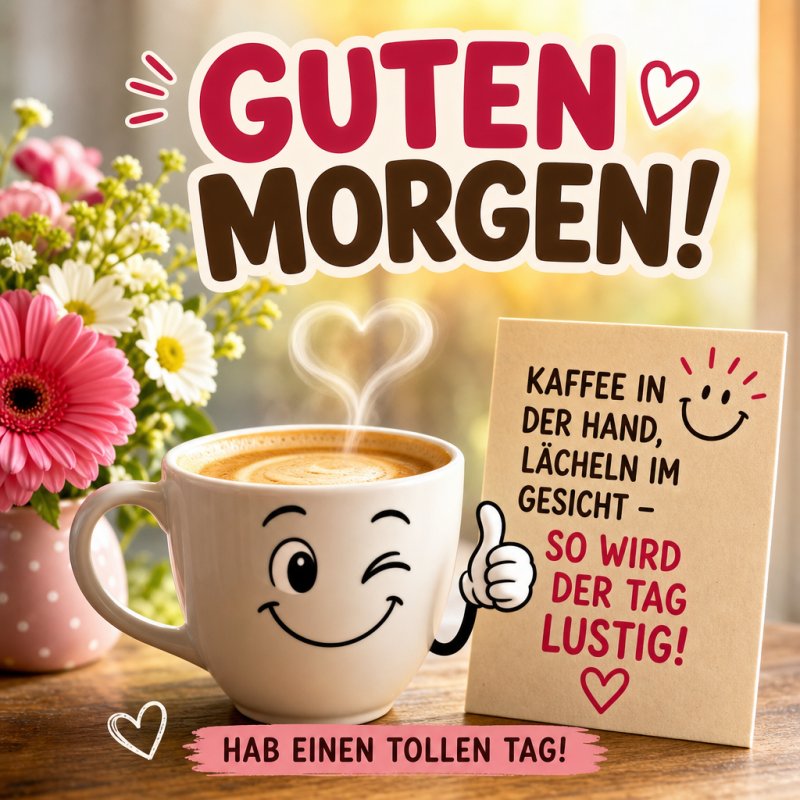 Ein lächelnder Kaffeebecher mit Herz-Dampf neben Blumen und einem fröhlichen Guten-Morgen-Gruß auf einer Karte sorgt für einen heiteren Start in den Tag.