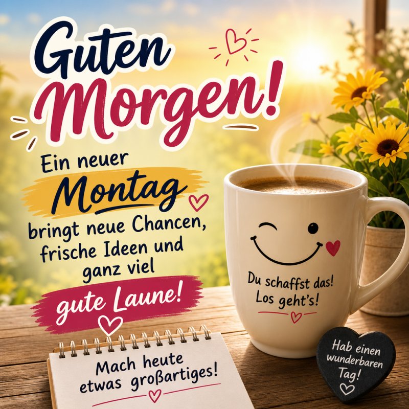 Ein fröhliches Kaffee-Smiley vor einem sonnigen Fenster, begleitet von einem Notizblock und einem charmanten Guten-Morgen-Gruß.
