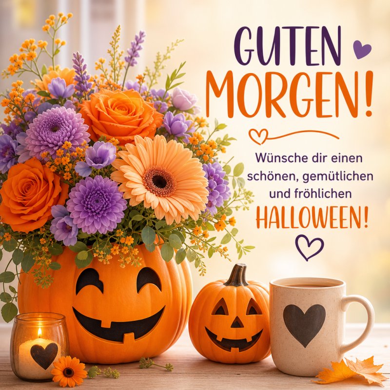 Ein strahlender Guten-Morgen-Gruß mit einem Kürbis, der Blumenschmuck aus orange und lila Blumen trägt, und weiteren herbstlichen Details auf einem Tisch.