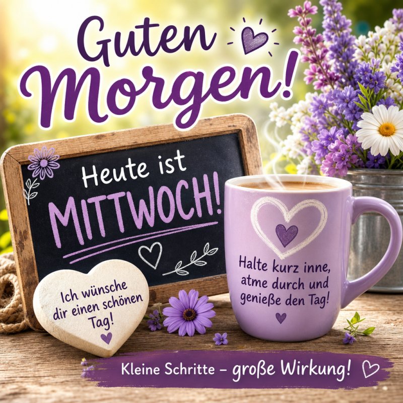 Ein gemütlicher Guten-Morgen-Gruß mit einer lila Tasse, Blüten und einer Tafel mit 'Heute ist Mittwoch!' in verspieltem Design.