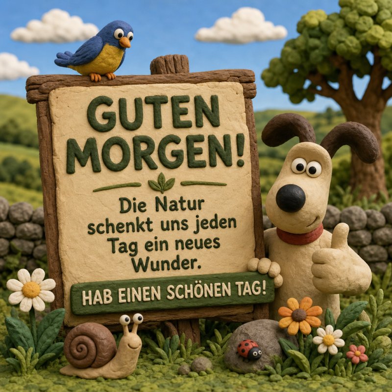 Eine fröhliche Figur mit Hund und Vogel begrüßt mit einem Holzschild in einer idyllischen Landschaft, ein perfekter Guten-Morgen-Gruß für Naturliebhaber.
