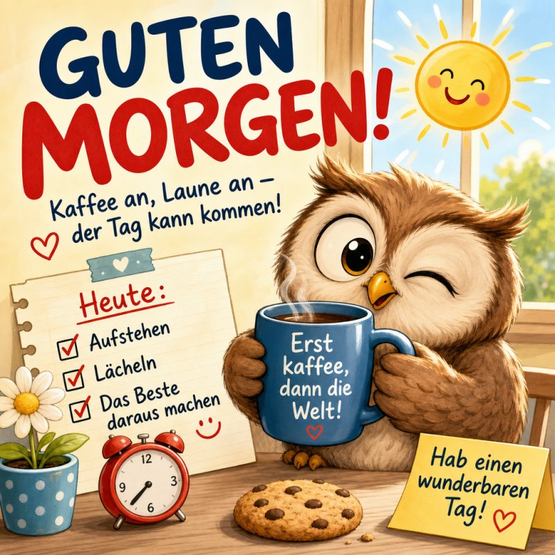 Ein fröhlicher Guten-Morgen-Gruß zeigt eine niedliche Eule mit Kaffeetasse, einem Wecker, Keksen und einer strahlenden Sonne am Fenster.