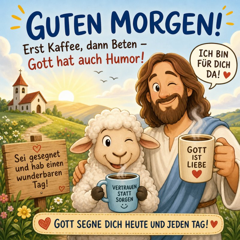 Ein Guten-Morgen-Gruß zeigt Jesus fröhlich mit einem Lamm, beide halten Tassen in einer sonnigen Landschaft mit Kirche im Hintergrund.