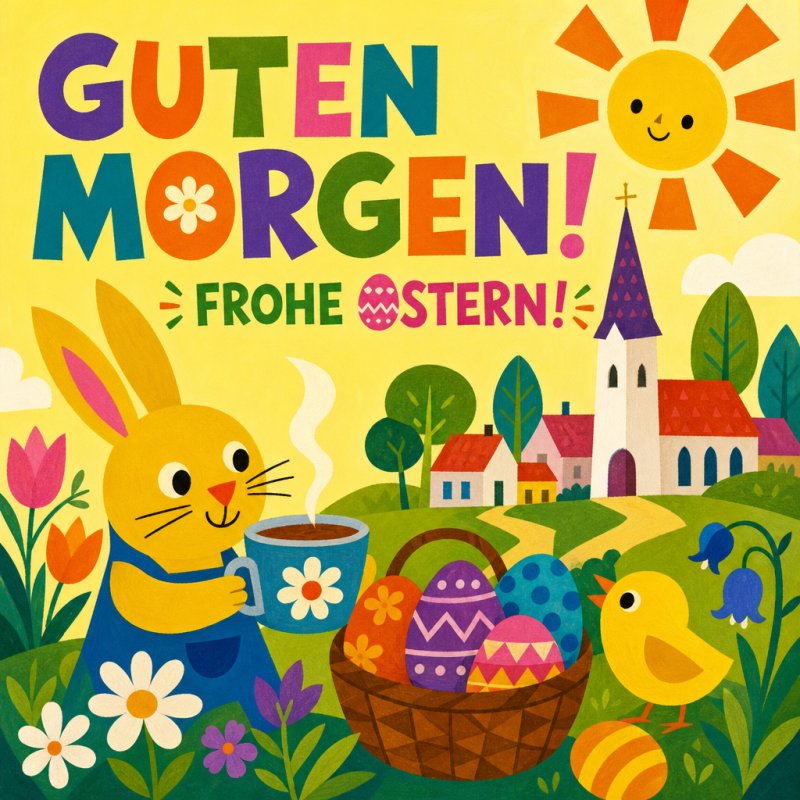 Ein fröhlicher Hase hält eine Tasse Kaffee neben einem Osternest mit bunten Eiern und einer Kirche im Hintergrund als Teil eines Guten-Morgen-Grußes.