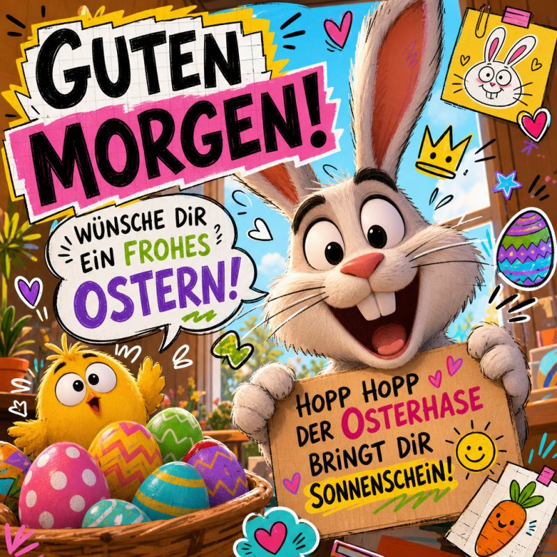 Ein fröhlicher Osterhase hält ein Schild mit buntem Text neben einem gelben Küken und Ostereiern in einem Korb als Guten-Morgen-Gruß.