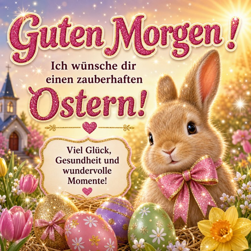 Ein lächelnder Osterhase mit Schleife sitzt vor einem pastellfarbenen Hintergrund, umgeben von Ostereiern und Blumen, als Guten-Morgen-Gruß.