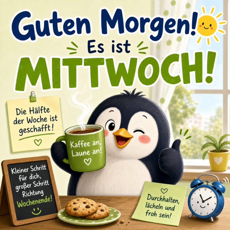Ein lächelnder Pinguin hält eine Tasse Kaffee in einer gemütlichen Küche mit Pflanzen, während ein Guten-Morgen-Gruß den Mittwoch feiert.