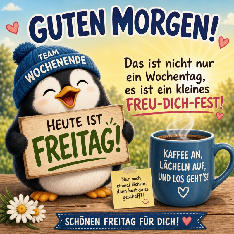 Ein fröhlicher Pinguin hält ein Schild mit der Aufschrift 'Heute ist Freitag' neben einer Tasse Kaffee als Guten-Morgen-Gruß für den Freitag.