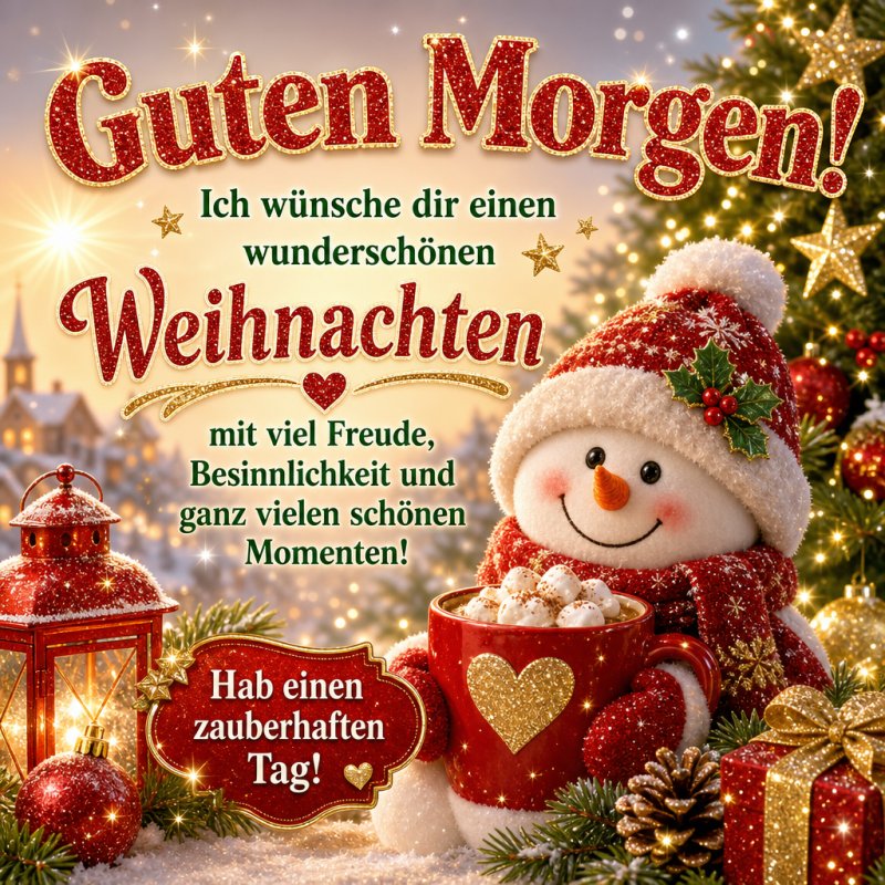 Ein lächelnder Schneemann in weihnachtlicher Szenerie mit Tasse und Dekorationen bietet einen fröhlichen Guten-Morgen-Gruß zur Weihnachtszeit.