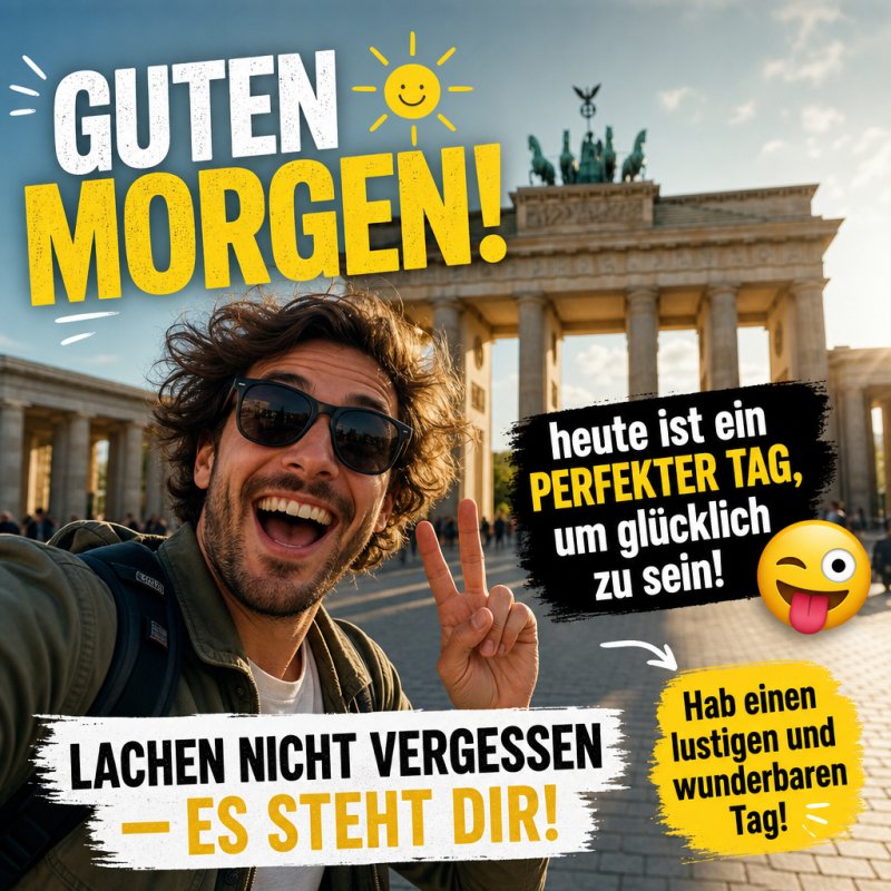 Ein Mann mit Sonnenbrille macht ein Selfie vor dem Brandenburger Tor mit fröhlichen Guten-Morgen-Grüßen und humorvollen Texten im Bild.