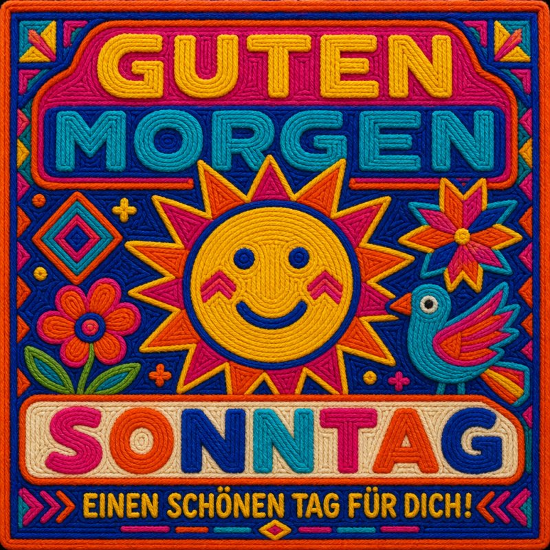 Bunter Guten-Morgen-Gruß mit einer strahlenden Sonne, fröhlichen Blüten und einem stilisierten Vogel in leuchtenden Farben zum Sonntag.