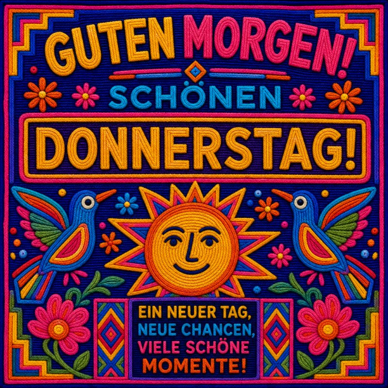 Buntes Bild mit lächelnder Sonne, Vögeln und Blumen umrahmt von dem Schriftzug "Guten Morgen", ideal als lebendiger Guten-Morgen-Gruß zum Donnerstag.
