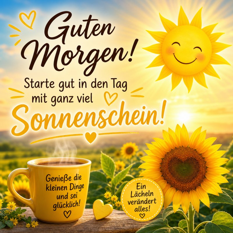 Ein fröhlicher Guten-Morgen-Gruß mit Sonnenschein zeigt eine strahlende Sonne, gelben Blumen und eine Tasse Kaffee auf einer grünen Wiese.