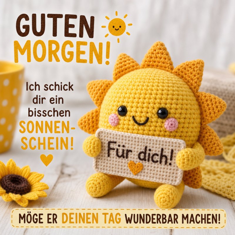 Ein lachendes, gelbes Amigurumi-Sonnenstrahl mit Sonnenblume hält ein Schild mit 'Für dich!', passend für einen Guten-Morgen-Gruß im freundlichen Stil.