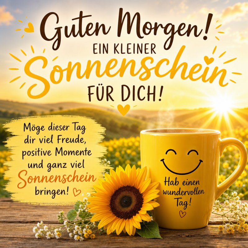 Ein gelber Becher mit lächelndem Gesicht und Sonnenblume steht vor einer sonnendurchfluteten Landschaft als herzlicher Guten-Morgen-Gruß.