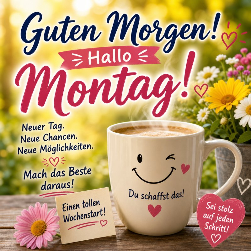 Ein lächelnder Kaffeebecher und bunte Blumen sorgen für einen frischen Guten-Morgen-Gruß am Montag mit positiver Botschaft und herzlichen Elementen.