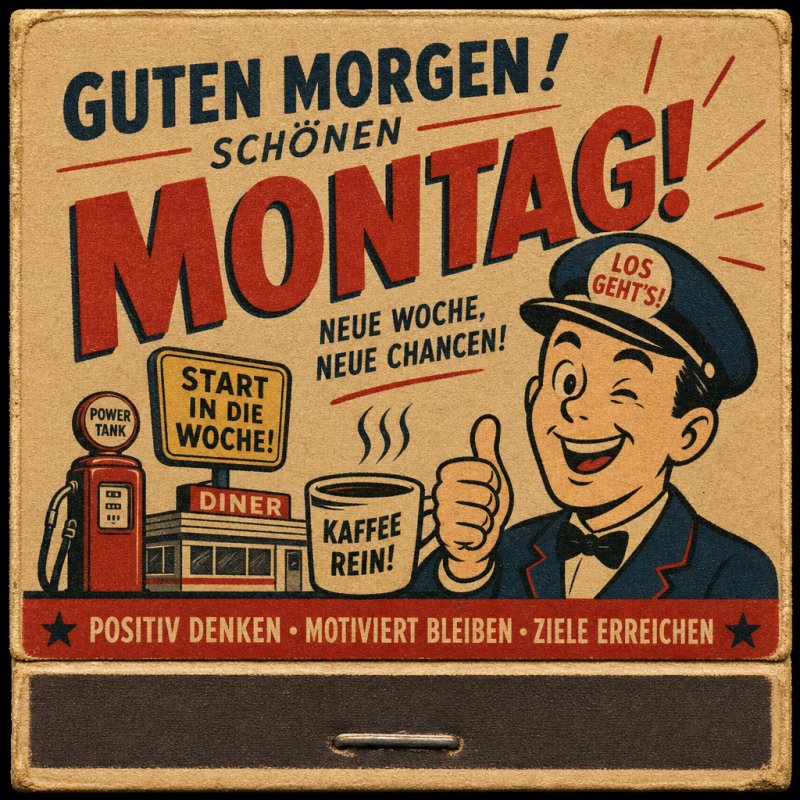 Ein lächelnder Mann in Uniform zeigt Daumen hoch neben einer Tankstelle und Kaffee, mit fröhlichem Guten-Morgen-Gruß für einen erfolgreichen Montag.