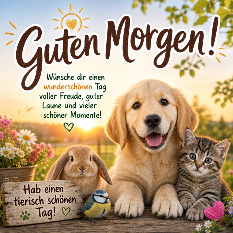 Ein Hund, ein Kaninchen, und eine Katze sitzen auf einem Tisch im Grünen, begleitet von einem bunten Vogel, als Teil eines fröhlichen Guten-Morgen-Grußes.
