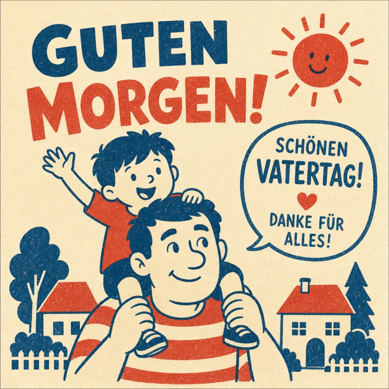Eine farbenfrohe Guten-Morgen-Grußkarte zum Vatertag zeigt einen lachenden Vater mit seinem Sohn auf den Schultern neben einem fröhlichen Sonne-Icon.