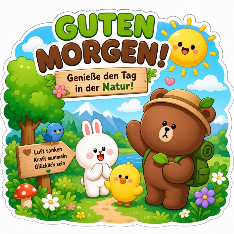 Ein fröhlicher Guten-Morgen-Gruß zeigt einen Hasen, einen Bären und ein Küken in einem bunten Wald mit Sonne und Wolken.