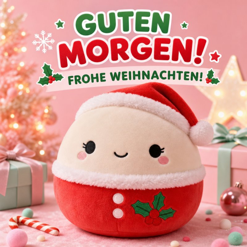 Ein süßes, rundes Plüschtier im Weihnachtsmannstil mit roten Wangen vor einem rosa Hintergrund verbreitet einen fröhlichen Guten-Morgen-Gruß zu Weihnachten.