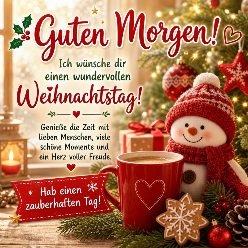Eine gemütliche Szene mit einem lächelnden Schneemann, Weihnachtsdekoration und einer Tasse Kakao, die einen warmen Guten-Morgen-Gruß vermittelt.