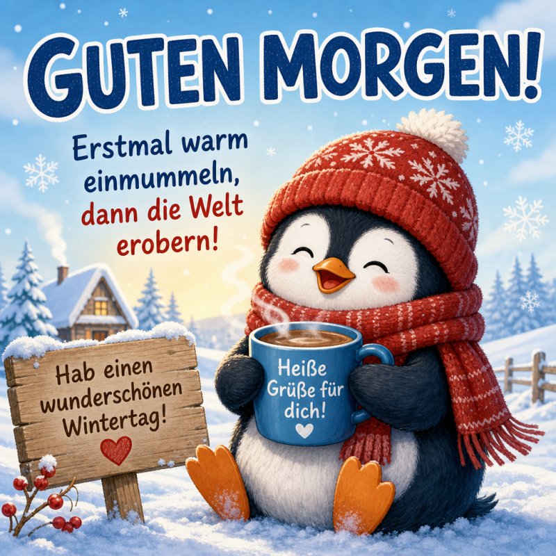 Ein glücklicher Pinguin mit roter Strickmütze und Schal genießt heißen Kakao vor einem verschneiten Häuschen als winterlicher Guten Morgen Gruß.