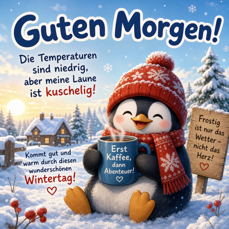 Ein lächelnder Pinguin mit roter Mütze und Schal hält eine blaue Tasse Kaffee in einer verschneiten Winterlandschaft mit einer Guten-Morgen-Gruß.
