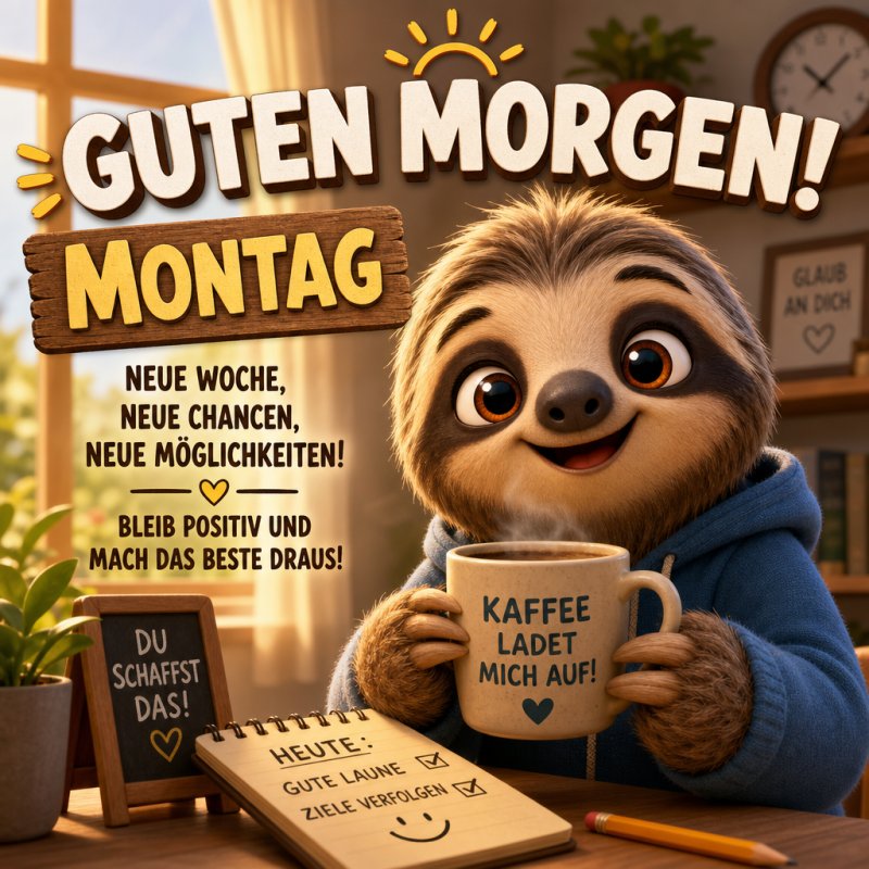 Ein lächelndes Faultier mit einer Tasse Kaffee und motivierenden Schildern begrüßt den Montag als Guten-Morgen-Gruß in einem warmen, gemütlichen Raum.