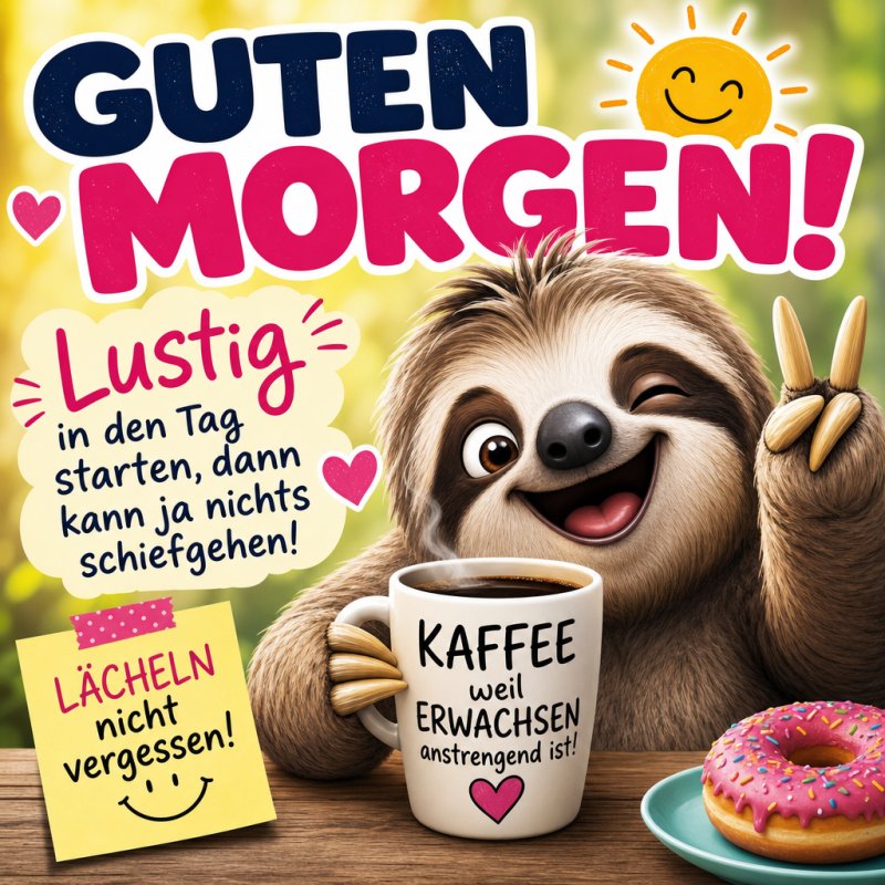 Ein lachendes Faultier hält eine Tasse Kaffee und winkt fröhlich, umgeben von einem rosafarbenen Donut und lustigen Texten als Guten-Morgen-Gruß.