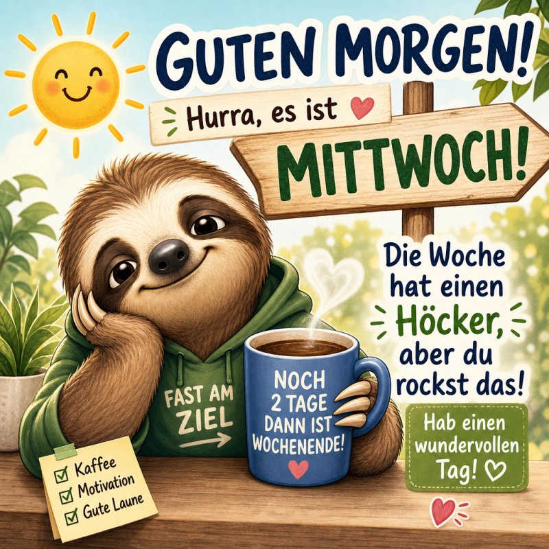 Ein glückliches Faultier mit grünem Pulli und Kaffeetasse verkündet einen liebevollen Guten-Morgen-Gruß mit der Aufschrift 'Mittwoch' auf einem Holzschild.