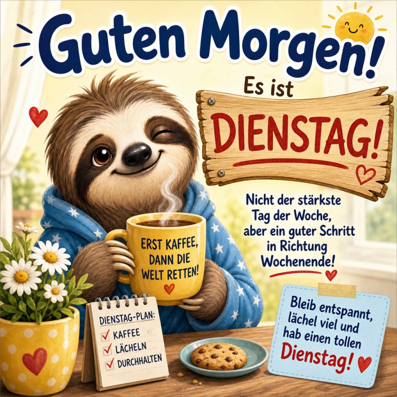 Ein lächelndes Faultier im Morgenmantel hält eine Kaffeetasse neben einem Notizblock mit "Dienstag-Plan" als fröhlicher Guten-Morgen-Gruß.
