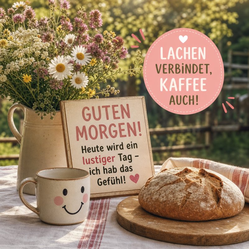 Ein fröhlicher Guten Morgen Gruß mit einer Tasse Kaffee, einem Blumenstrauß und einem Brotlaib auf einem Tisch im sonnigen Garten.