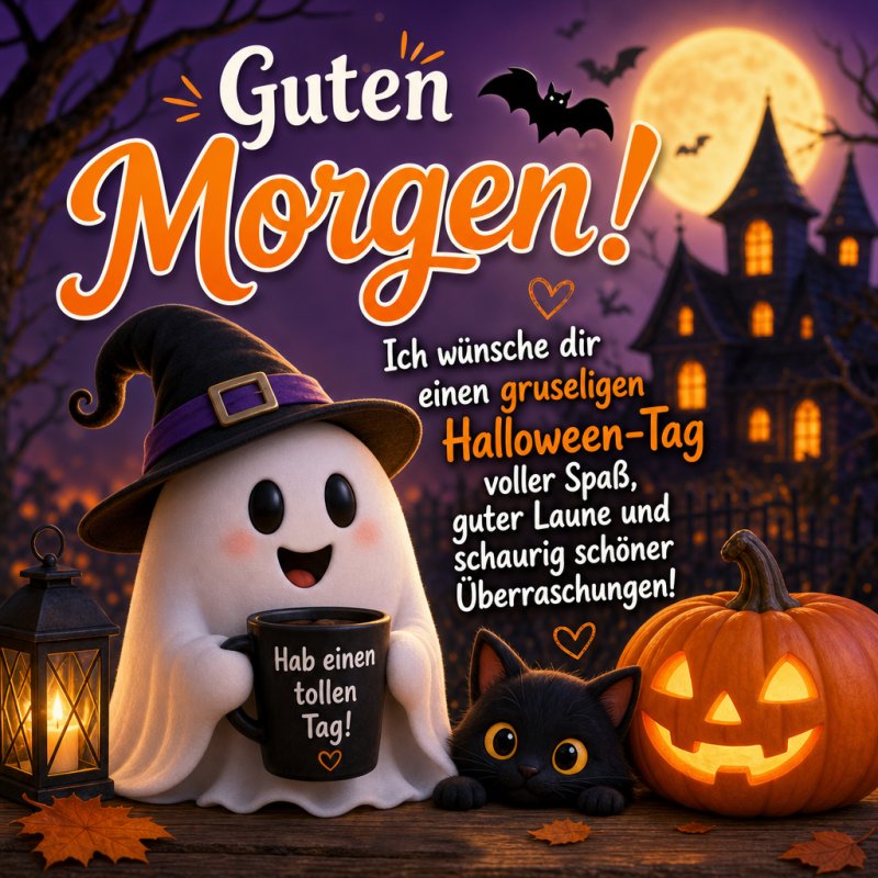 Ein fröhliches Gespenst mit Hexenhut und Kürbis hält eine Tasse vor einem leuchtenden Schloss als Guten-Morgen-Gruß zum Halloween-Thema.