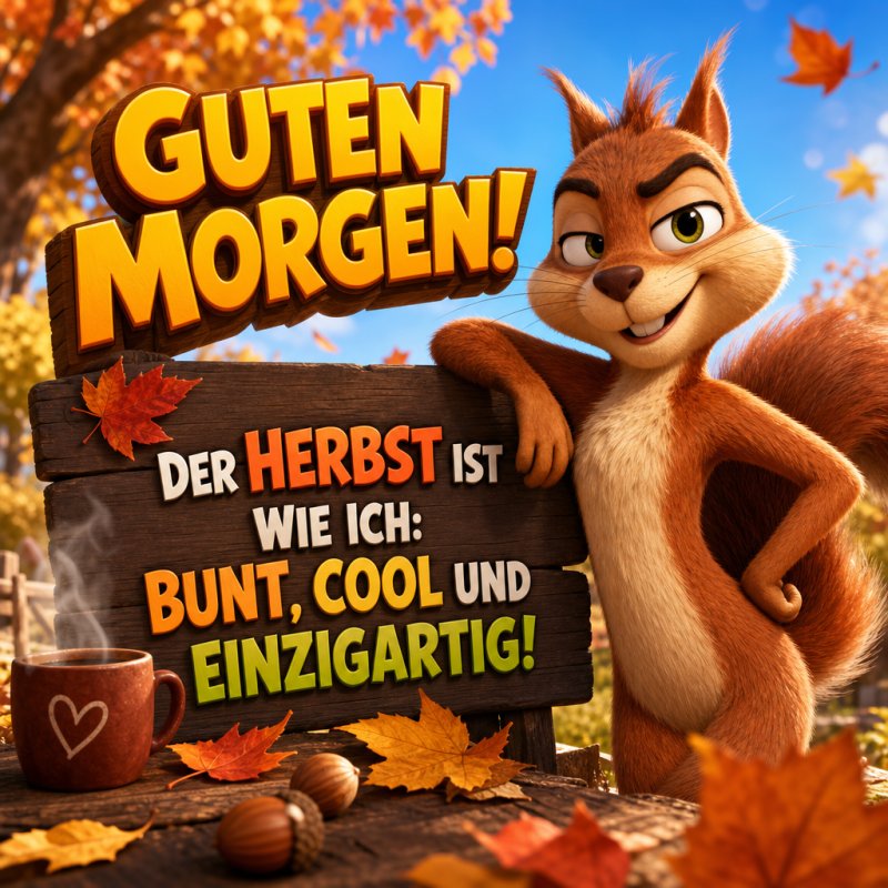 Ein fröhliches Eichhörnchen lehnt an einem Holzschild im herbstlichen Wald, umgeben von bunten Blättern und einer Tasse, mit dem Text 'Guten Morgen'.