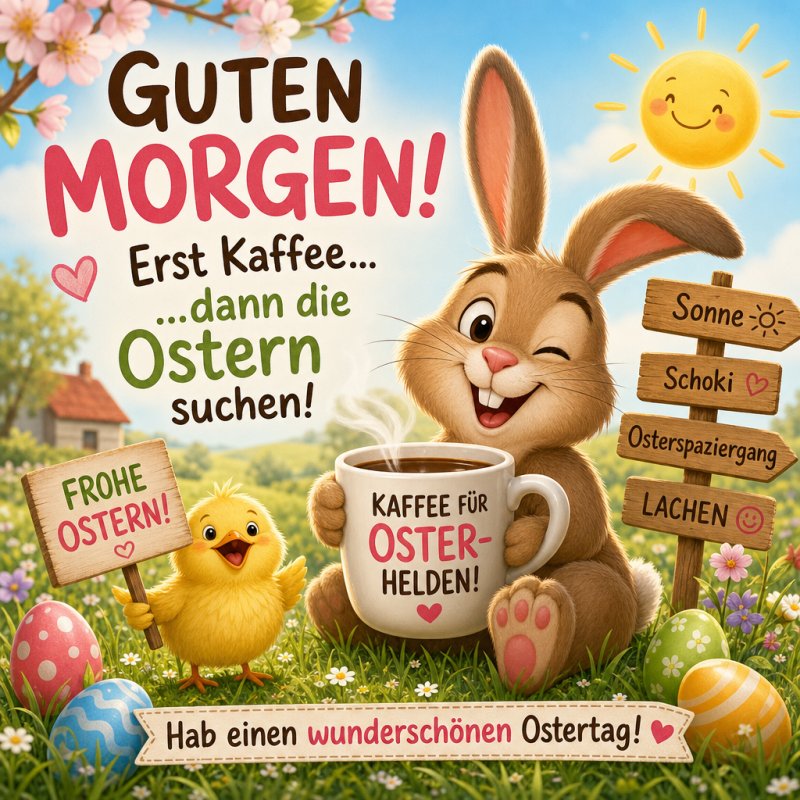 Ein fröhlicher Osterhase mit Kaffeetasse und Küken grüßt mit einem sonnigen 'Guten Morgen', umgeben von bunten Ostereiern und Blumen. Erst Kaffee.