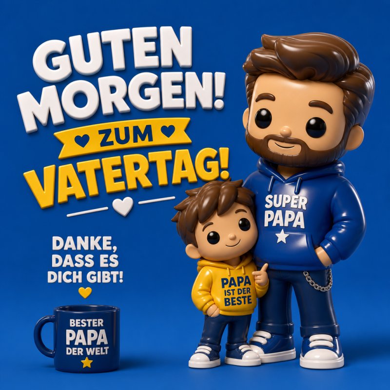 Ein fröhliches Papa-Sohn-Duo in bunten Pullovern mit der Aufschrift 'Super Papa' und 'Papa ist der Beste', als Teil eines Guten-Morgen-Grußes zum Vatertag.